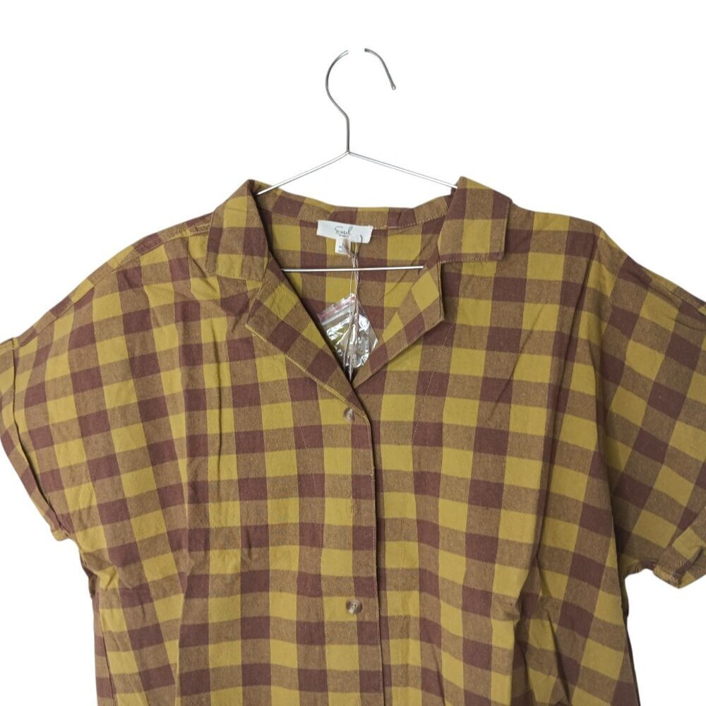 New Easel Mustard Gingham Plaid Cropped Button Front Shirt S-L 100% Cotton - Picture 7 of 13